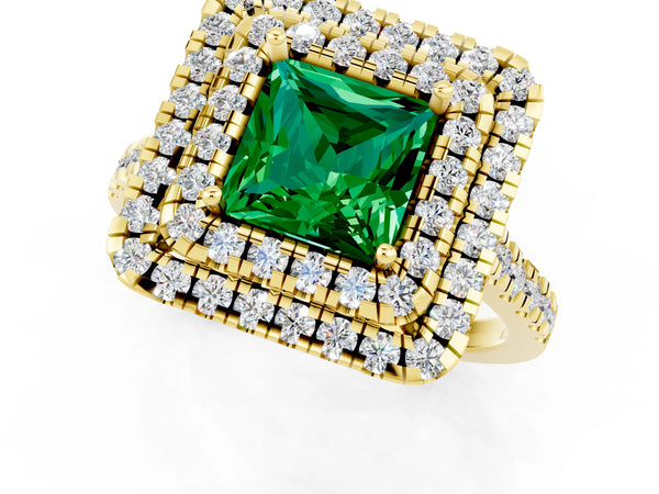 Yellow gold Double Halo Princess Cut Emerald Pavé Band with Four-Prong Setting