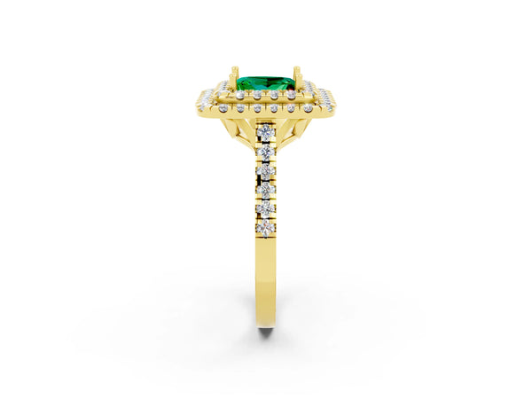 Yellow gold Double Halo Princess Cut Emerald Pavé Band with Four-Prong Setting
