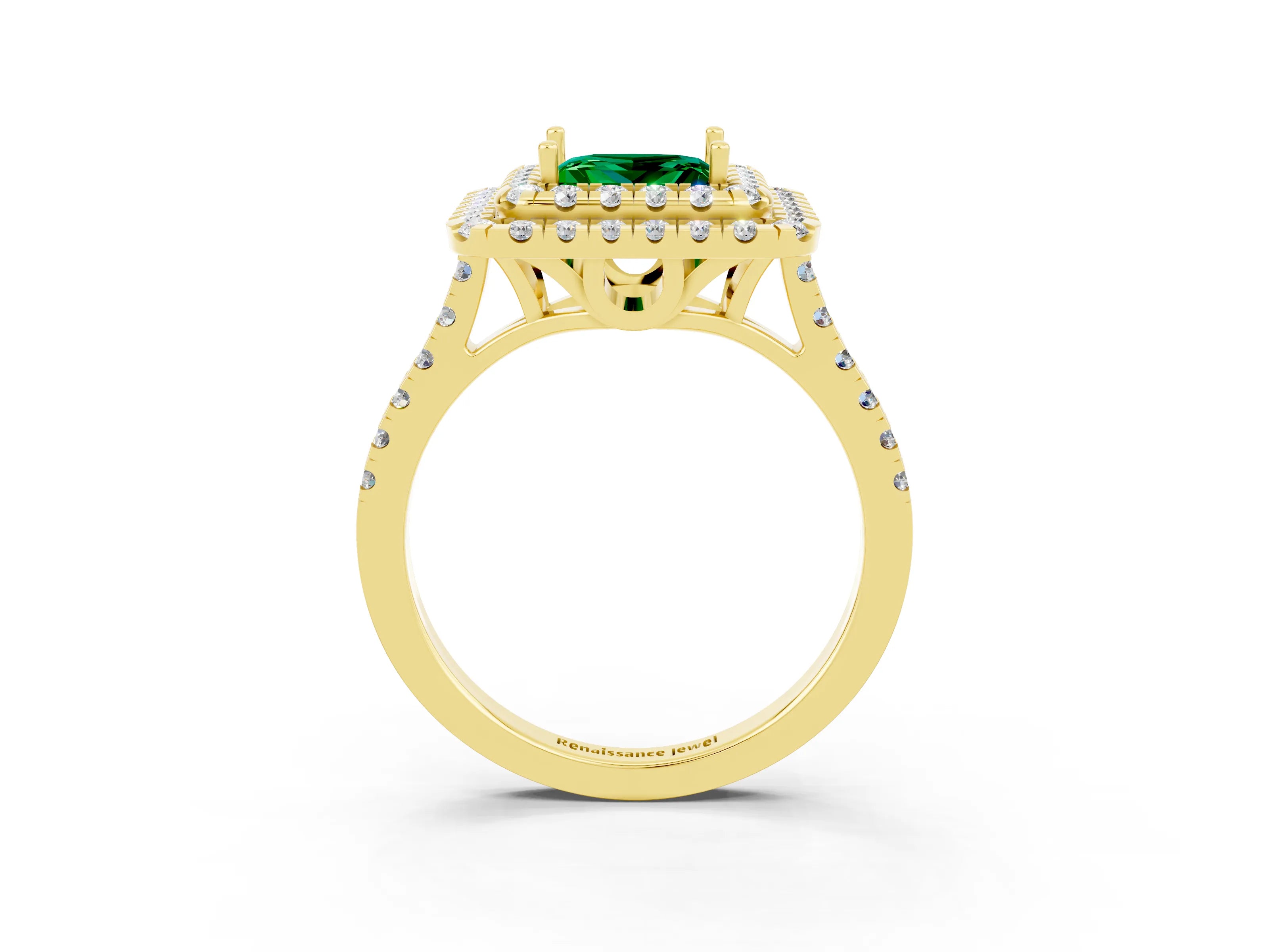 Yellow gold Double Halo Princess Cut Emerald Pavé Band with Four-Prong Setting_3