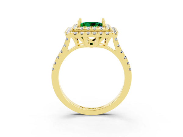 Yellow gold Double Halo Princess Cut Emerald Pavé Band with Four-Prong Setting