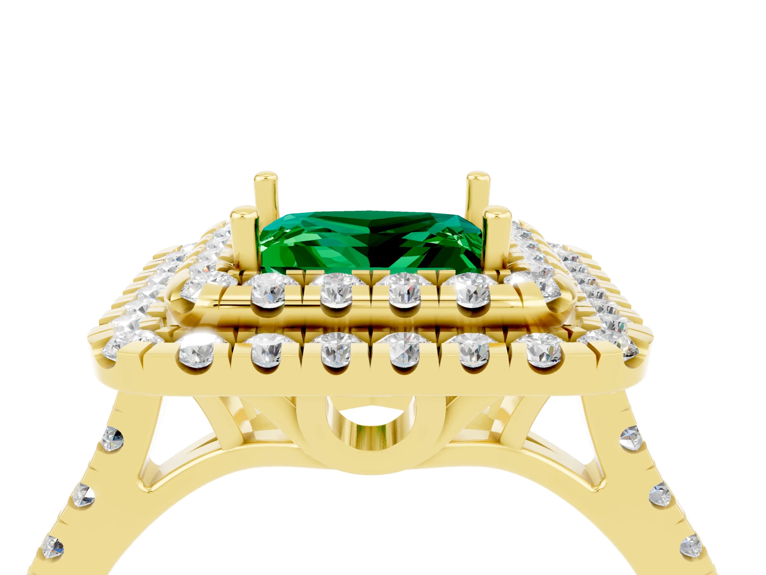 Yellow gold Double Halo Princess Cut Emerald Pavé Band with Four-Prong Setting_4