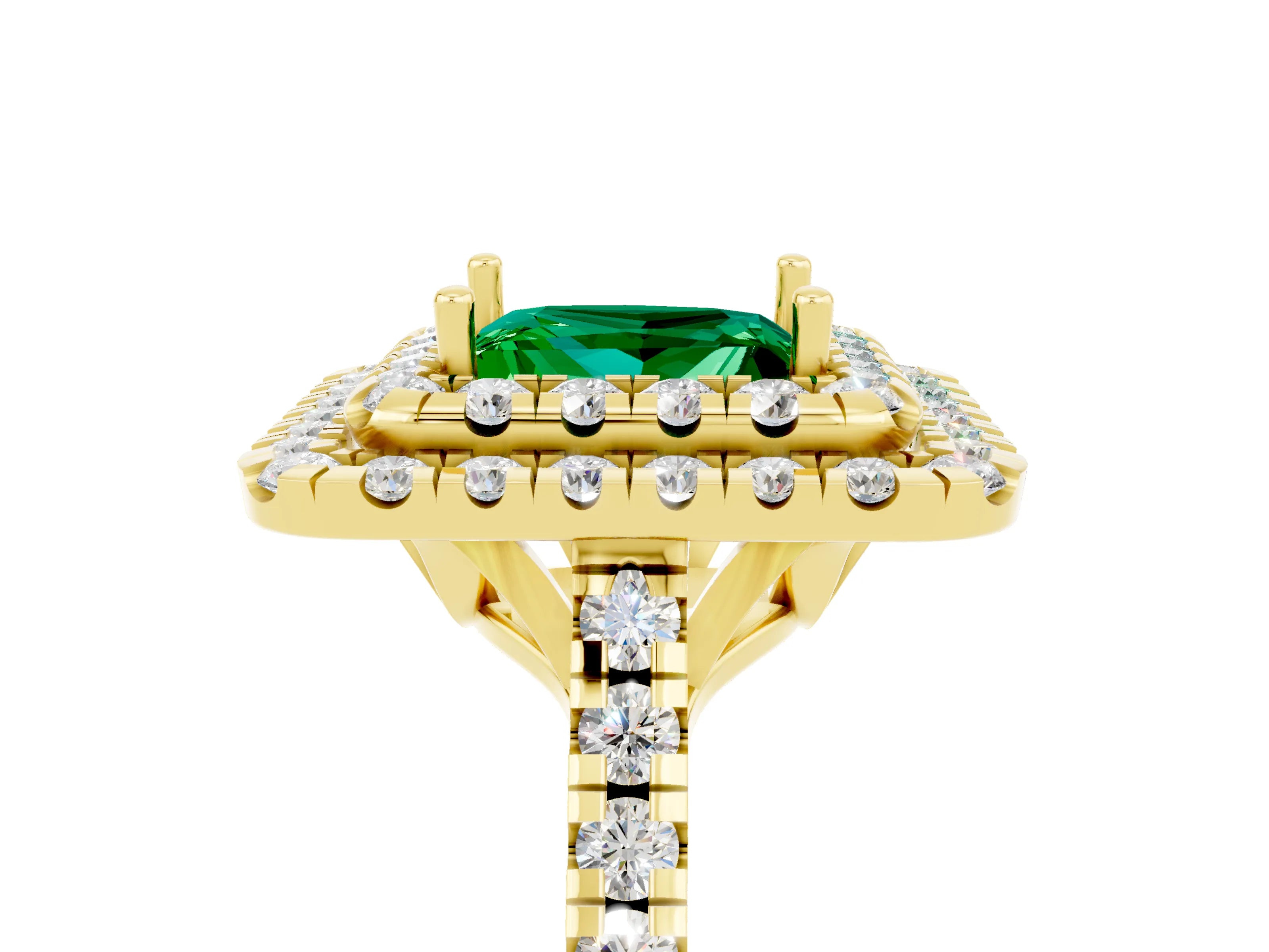 Yellow gold Double Halo Princess Cut Emerald Pavé Band with Four-Prong Setting_5