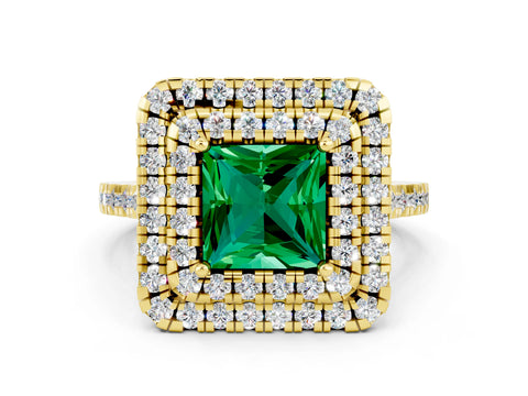 Yellow gold Double Halo Princess Cut Emerald Pavé Band with Four-Prong Setting