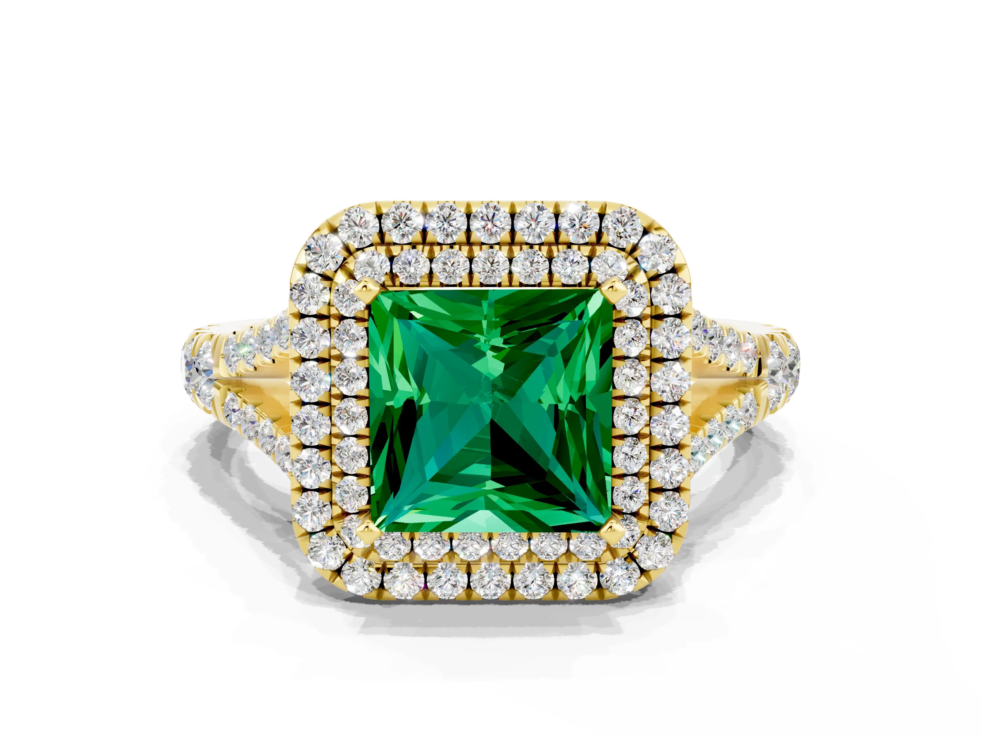 Yellow gold Double Halo Princess Cut Emerald Pavé Split Shank Ring with Prong Setting