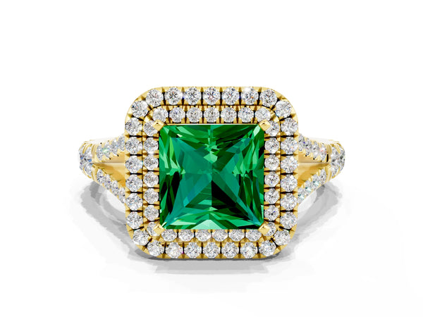 Yellow gold Double Halo Princess Cut Emerald Pavé Split Shank Ring with Prong Setting