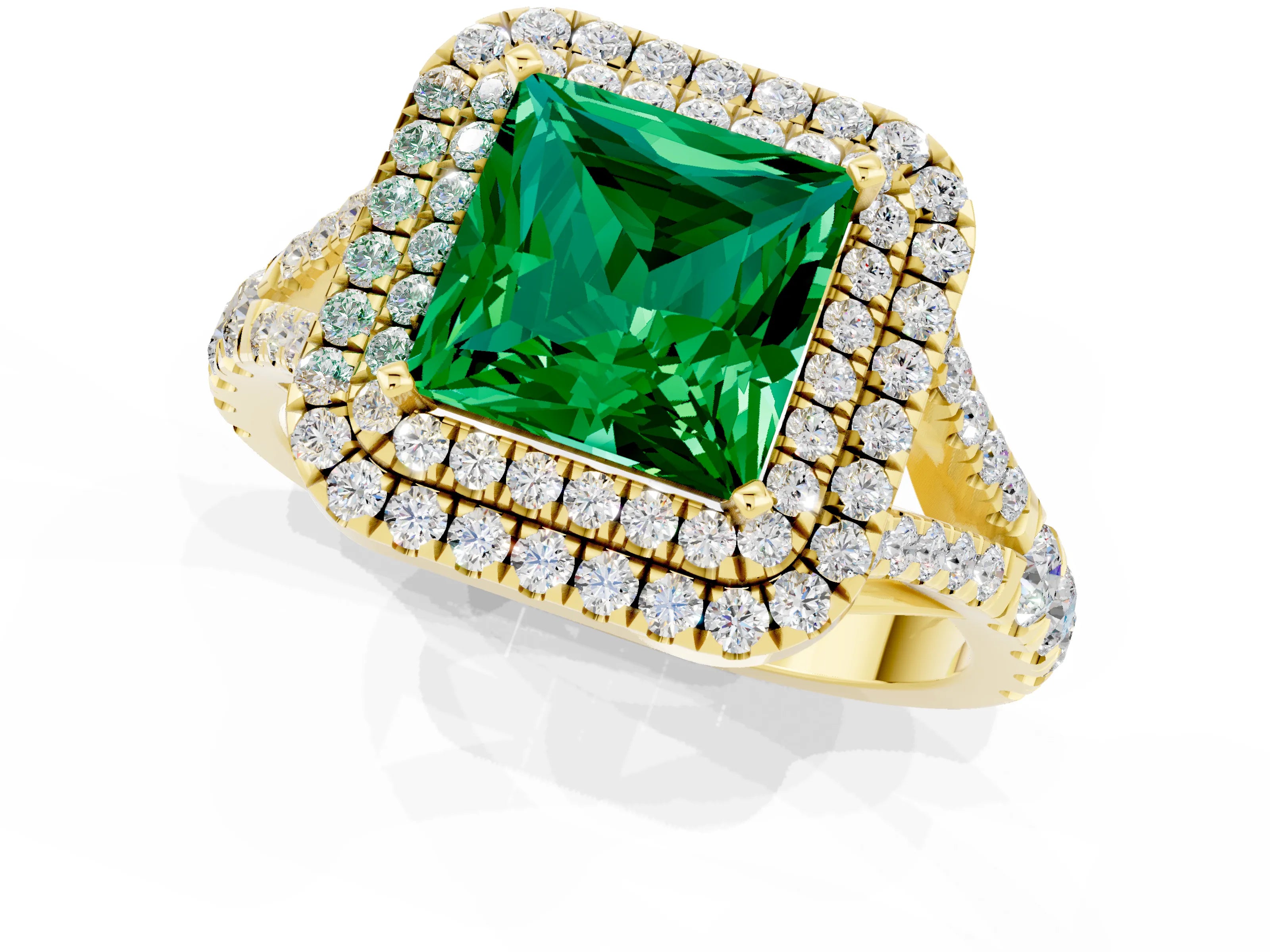 Yellow gold Double Halo Princess Cut Emerald Pavé Split Shank Ring with Prong Setting_1