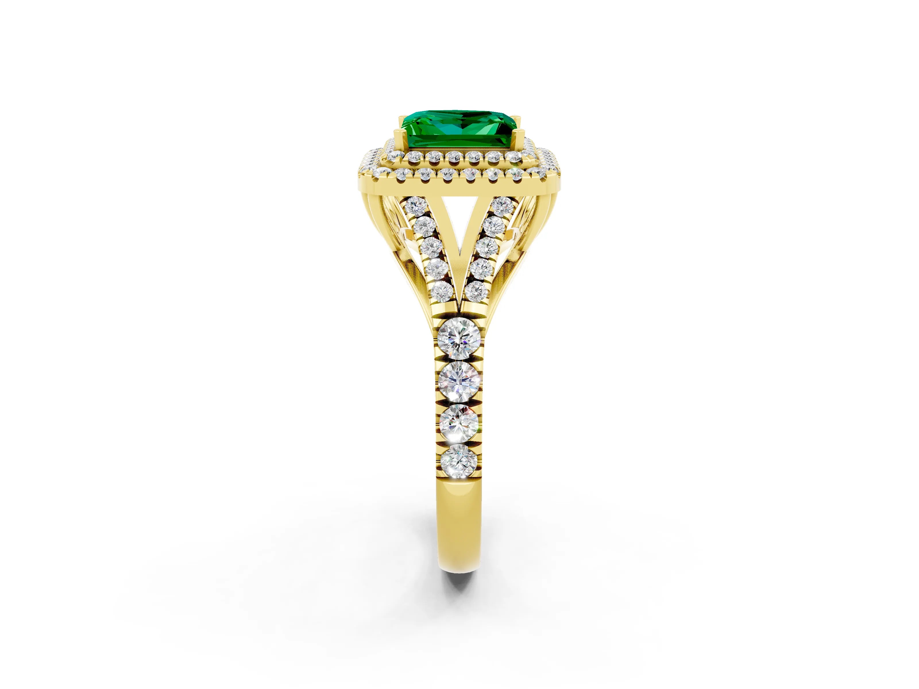 Yellow gold Double Halo Princess Cut Emerald Pavé Split Shank Ring with Prong Setting_2
