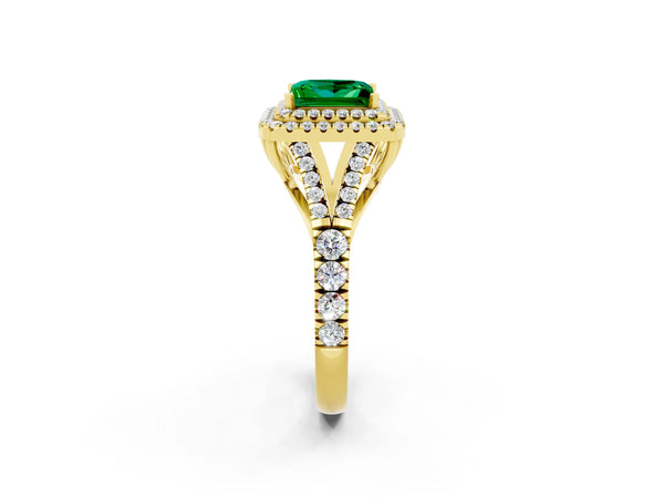 Yellow gold Double Halo Princess Cut Emerald Pavé Split Shank Ring with Prong Setting