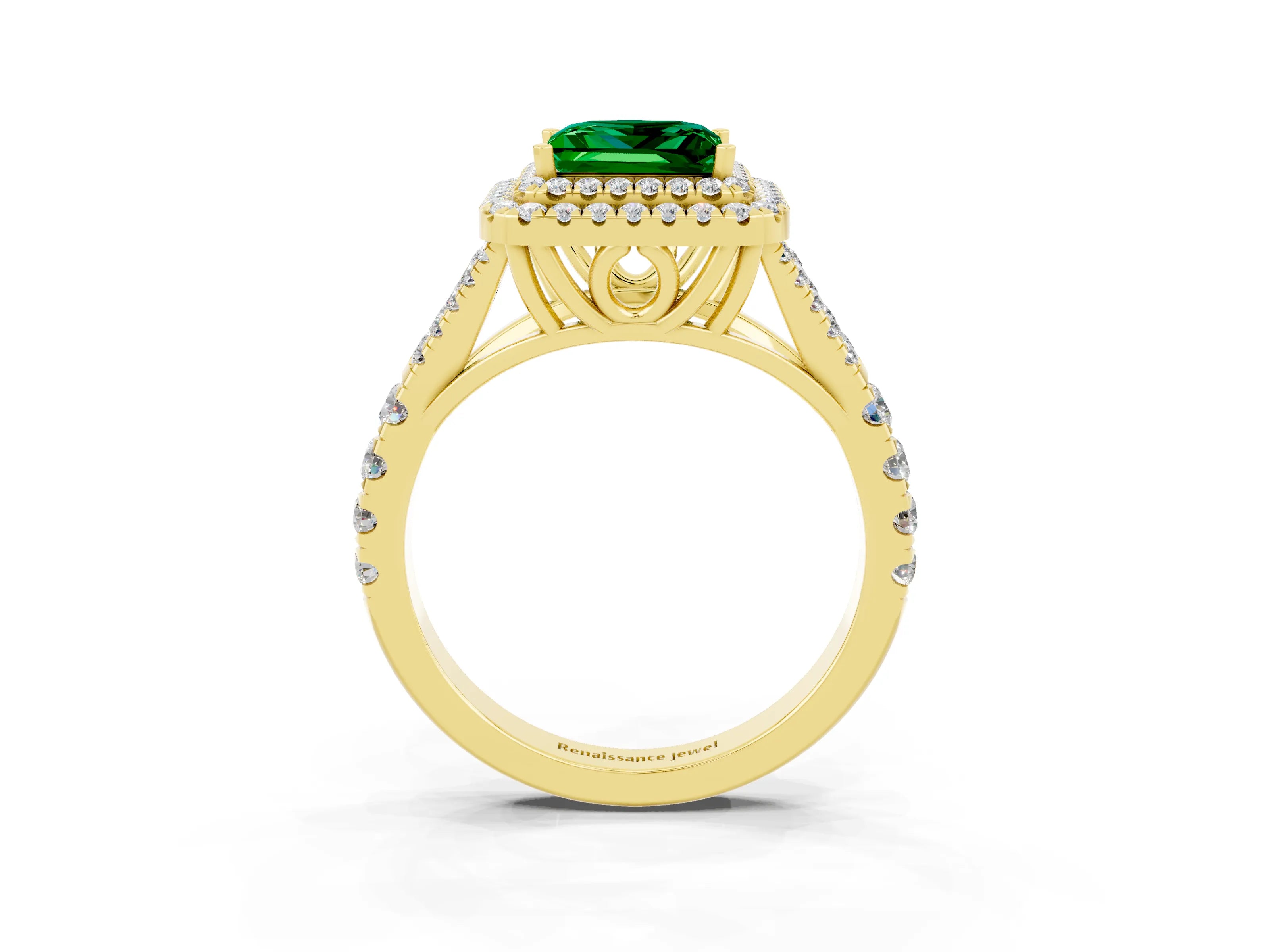 Yellow gold Double Halo Princess Cut Emerald Pavé Split Shank Ring with Prong Setting_3