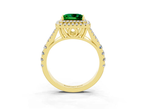 Yellow gold Double Halo Princess Cut Emerald Pavé Split Shank Ring with Prong Setting_3