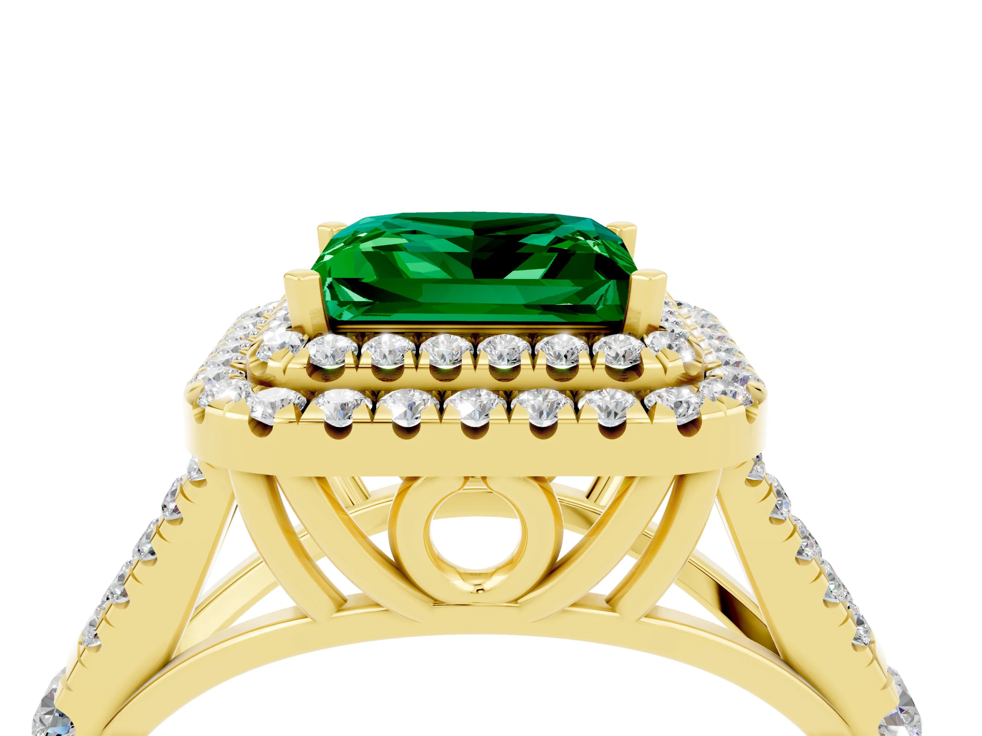 Yellow gold Double Halo Princess Cut Emerald Pavé Split Shank Ring with Prong Setting_4