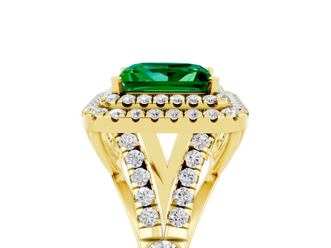 Yellow gold Double Halo Princess Cut Emerald Pavé Split Shank Ring with Prong Setting_5