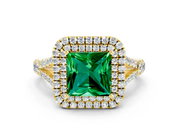 Yellow gold Double Halo Princess Cut Emerald Split Shank Engagement Ring with Four-Prong Setting