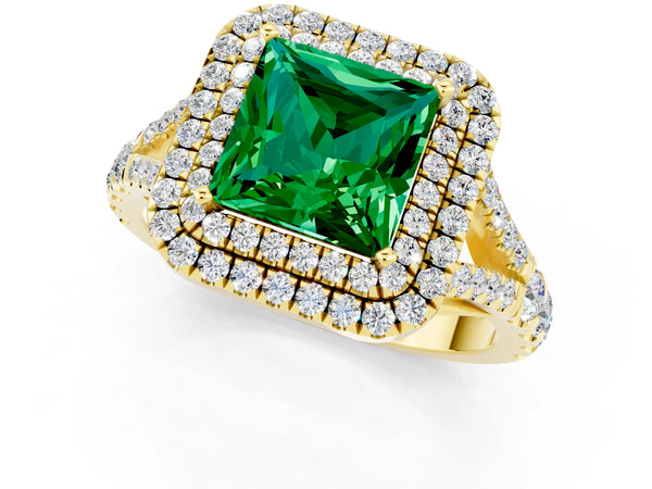 Yellow gold Double Halo Princess Cut Emerald Split Shank Engagement Ring with Four-Prong Setting