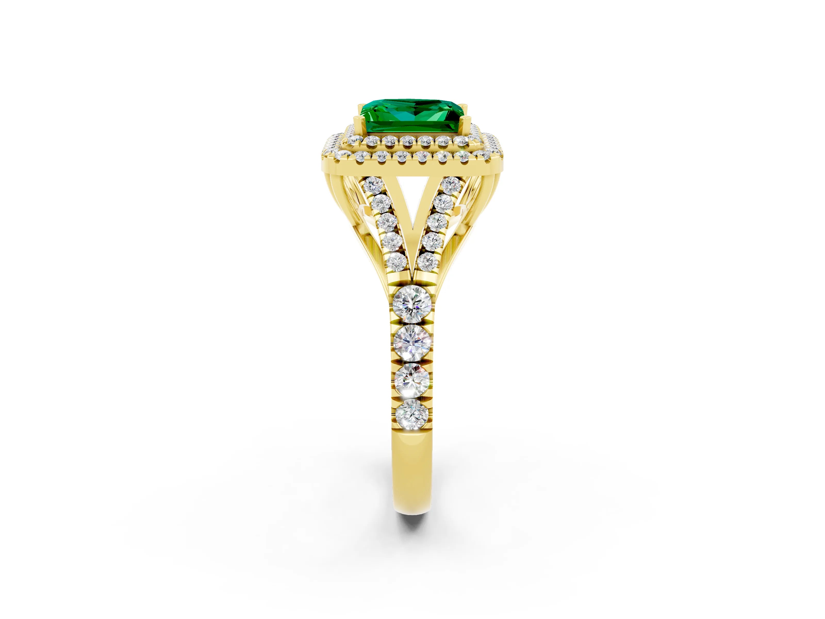 Yellow gold Double Halo Princess Cut Emerald Split Shank Engagement Ring with Four-Prong Setting_2