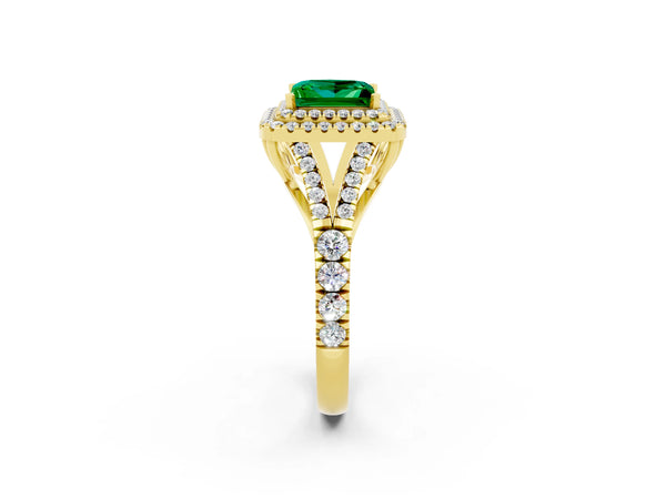 Yellow gold Double Halo Princess Cut Emerald Split Shank Engagement Ring with Four-Prong Setting