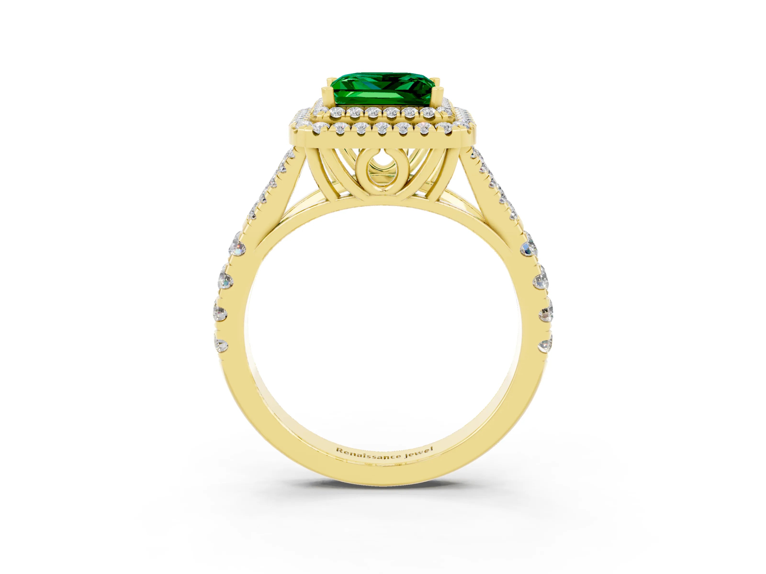 Yellow gold Double Halo Princess Cut Emerald Split Shank Engagement Ring with Four-Prong Setting_3