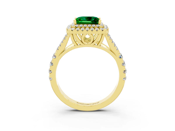 Yellow gold Double Halo Princess Cut Emerald Split Shank Engagement Ring with Four-Prong Setting