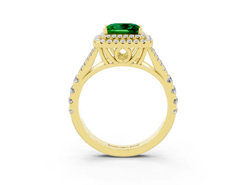 Yellow gold Double Halo Princess Cut Emerald Split Shank Engagement Ring with Four-Prong Setting_3