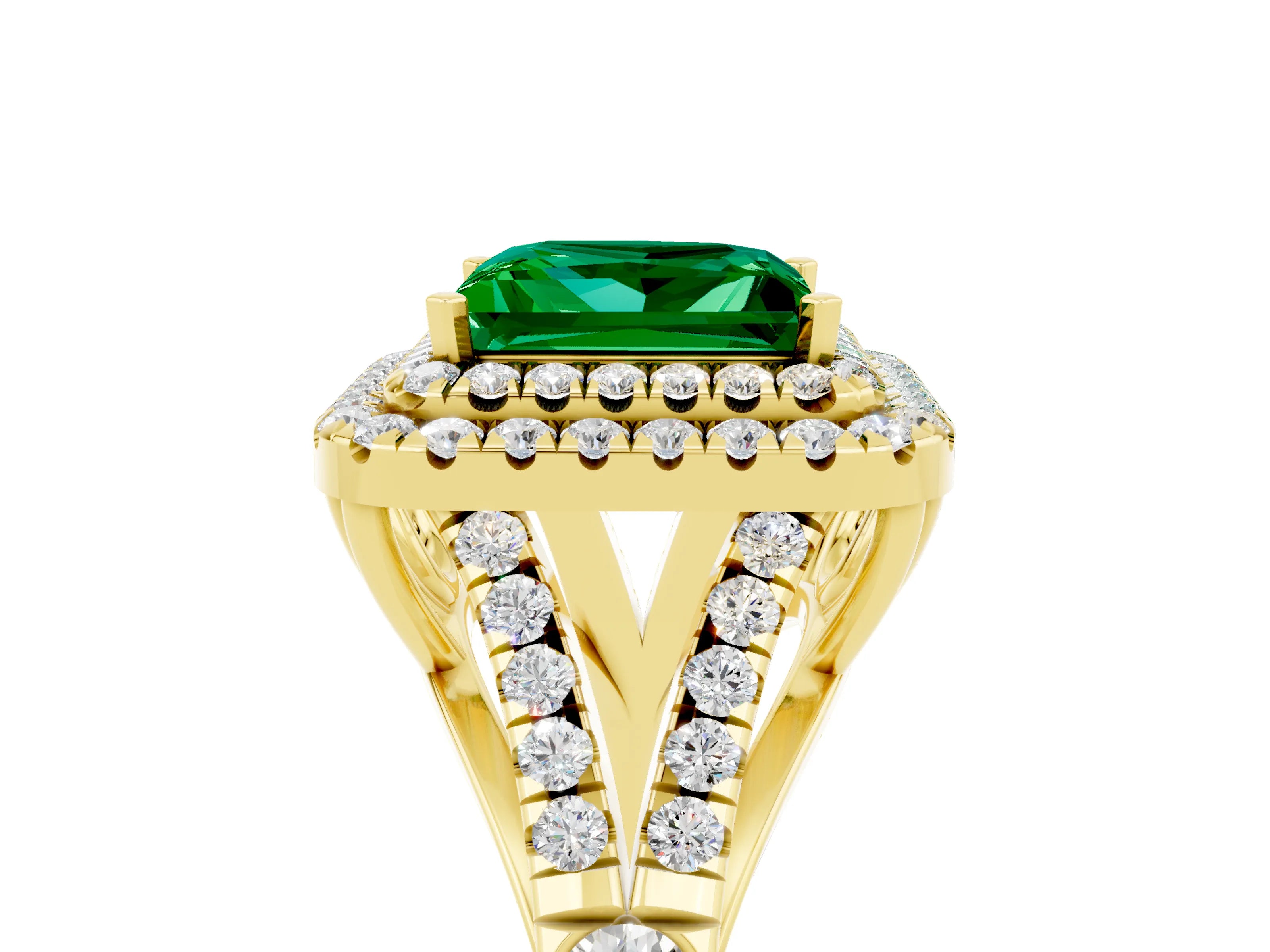 Yellow gold Double Halo Princess Cut Emerald Split Shank Engagement Ring with Four-Prong Setting_5