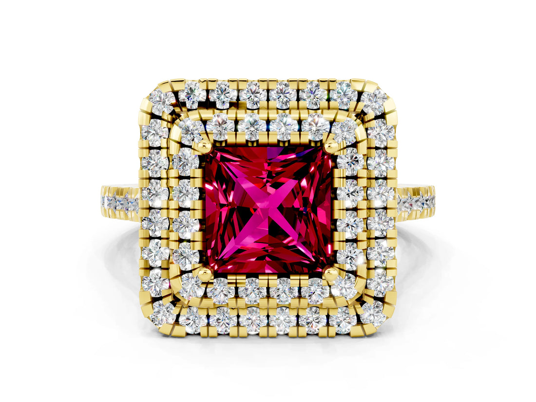 Yellow gold Double Halo Princess Cut Garnet Pavé Band with Four-Prong Setting