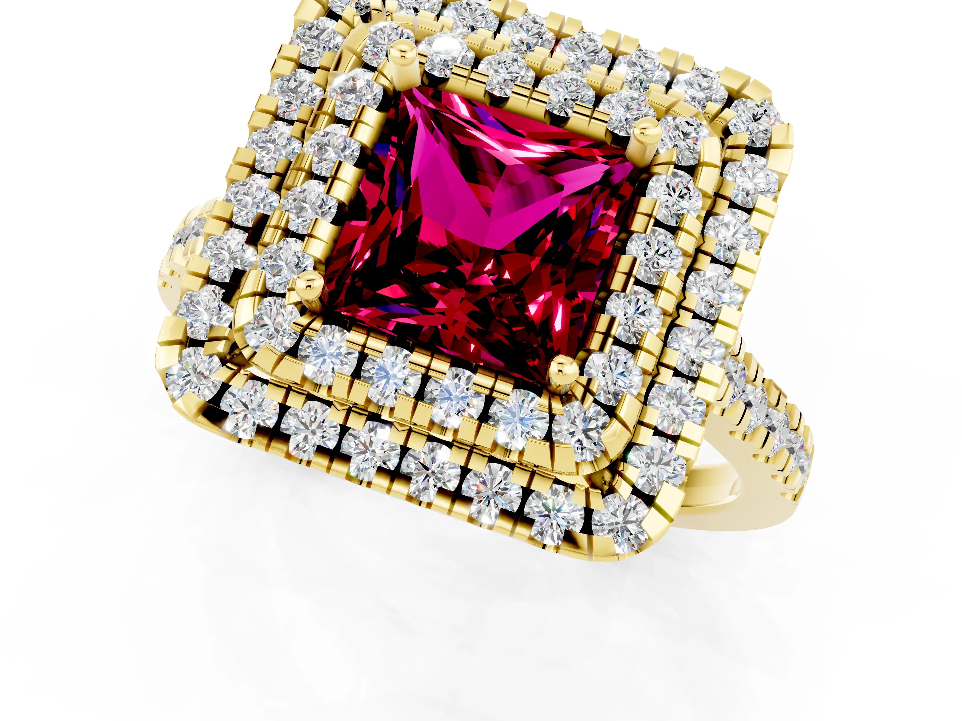 Yellow gold Double Halo Princess Cut Garnet Pavé Band with Four-Prong Setting_1