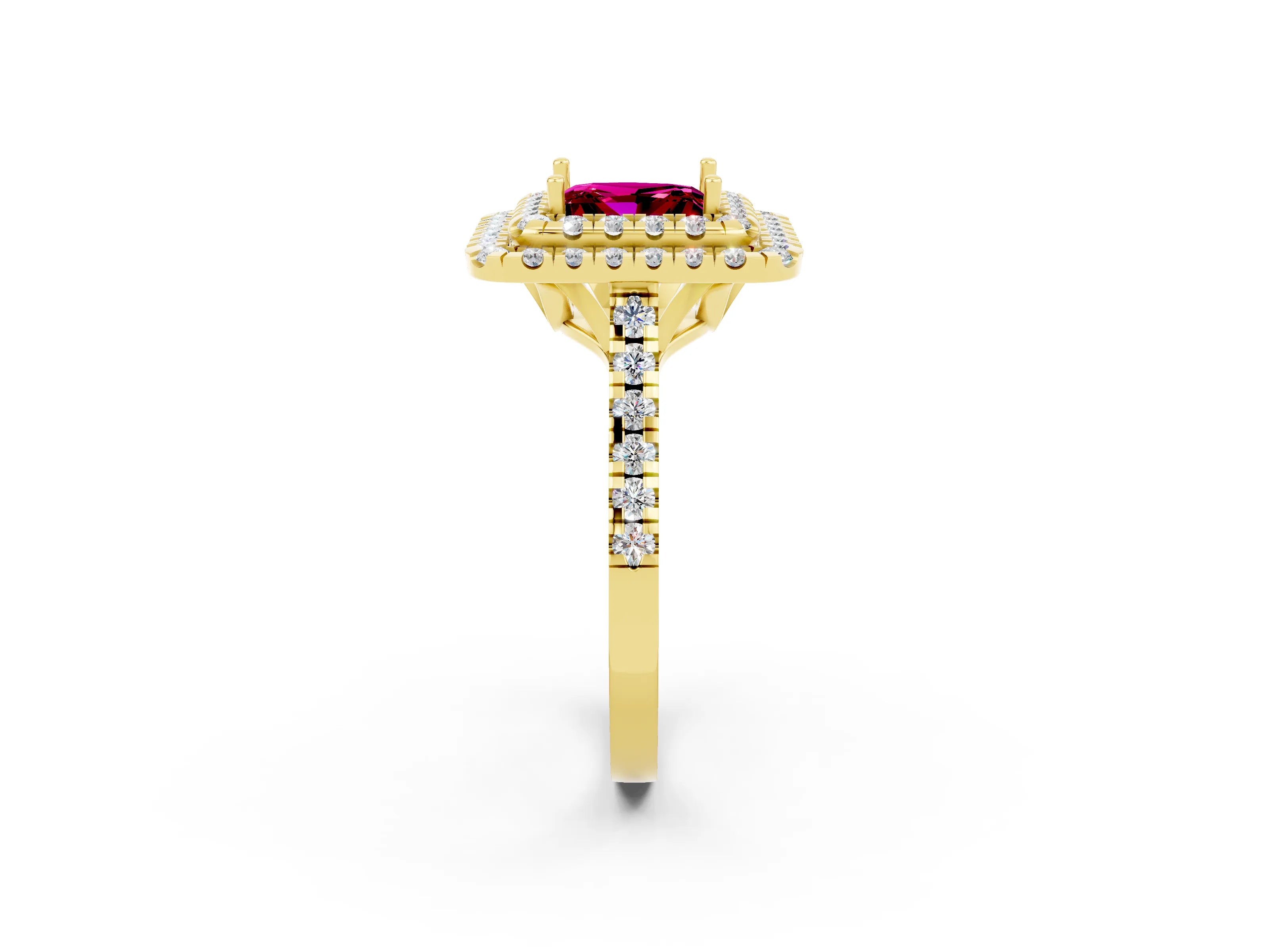 Yellow gold Double Halo Princess Cut Garnet Pavé Band with Four-Prong Setting_2