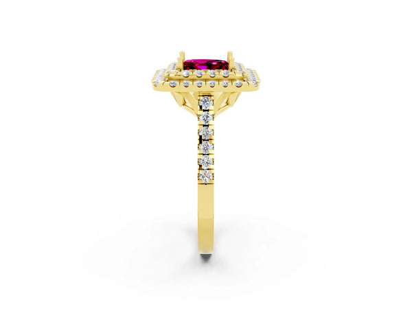 Yellow gold Double Halo Princess Cut Garnet Pavé Band with Four-Prong Setting