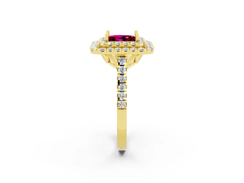 Yellow gold Double Halo Princess Cut Garnet Pavé Band with Four-Prong Setting_2