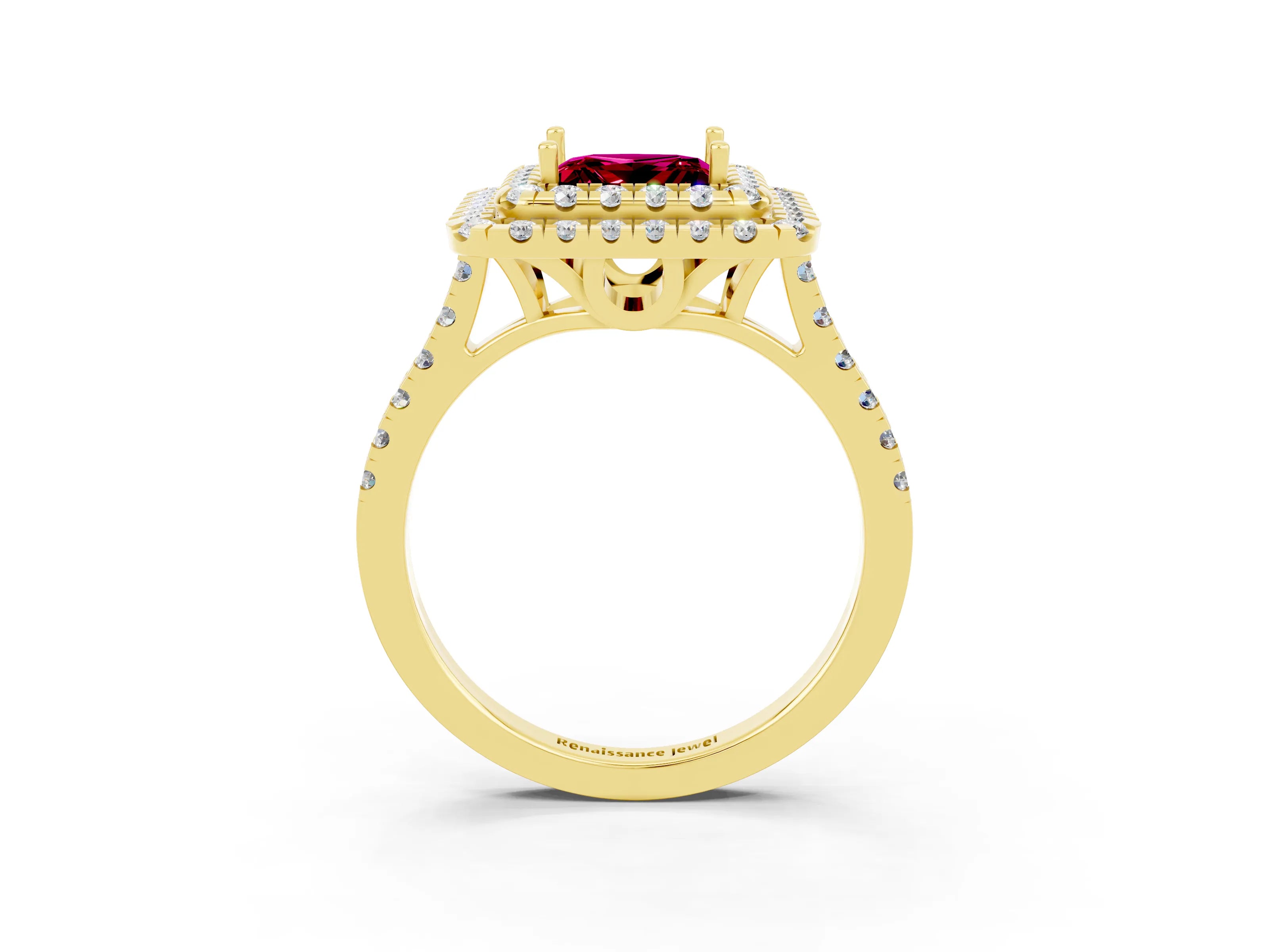 Yellow gold Double Halo Princess Cut Garnet Pavé Band with Four-Prong Setting_3
