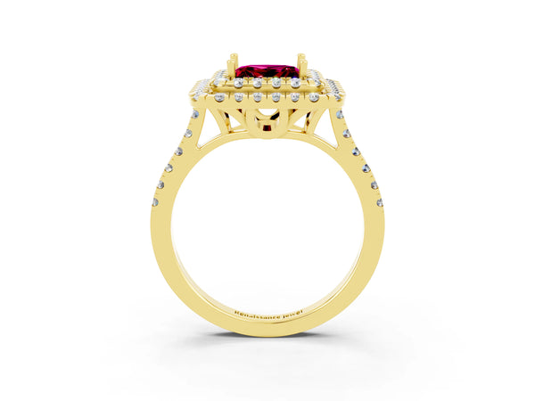 Yellow gold Double Halo Princess Cut Garnet Pavé Band with Four-Prong Setting