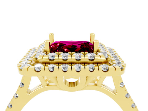 Yellow gold Double Halo Princess Cut Garnet Pavé Band with Four-Prong Setting_4