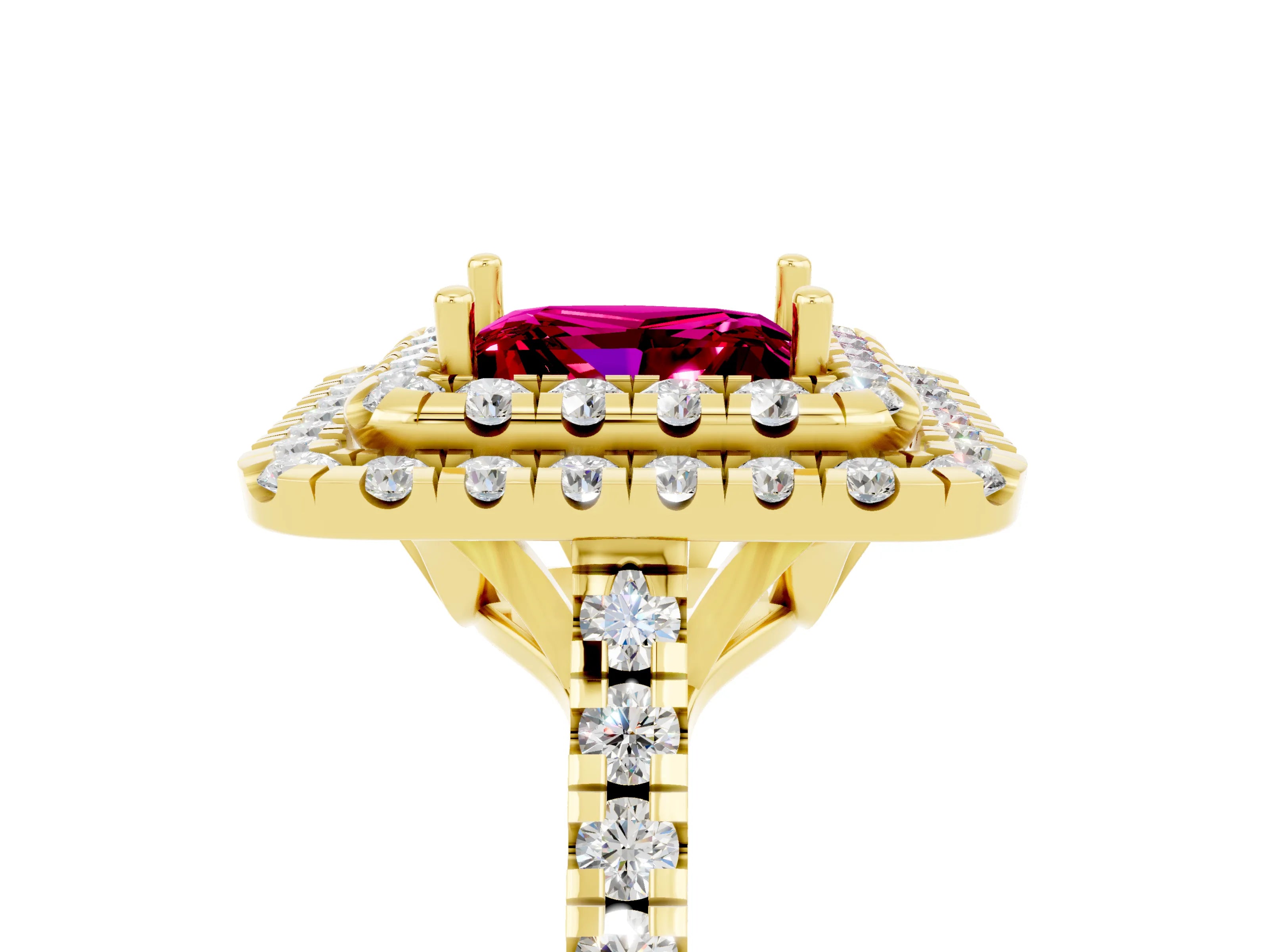 Yellow gold Double Halo Princess Cut Garnet Pavé Band with Four-Prong Setting_5