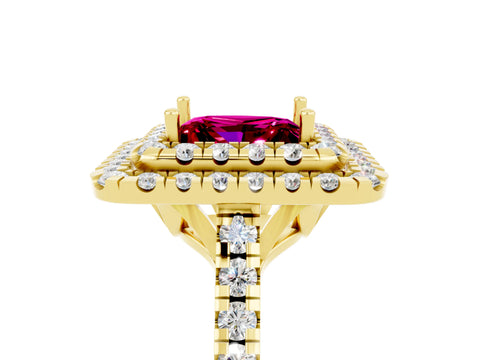 Yellow gold Double Halo Princess Cut Garnet Pavé Band with Four-Prong Setting_5