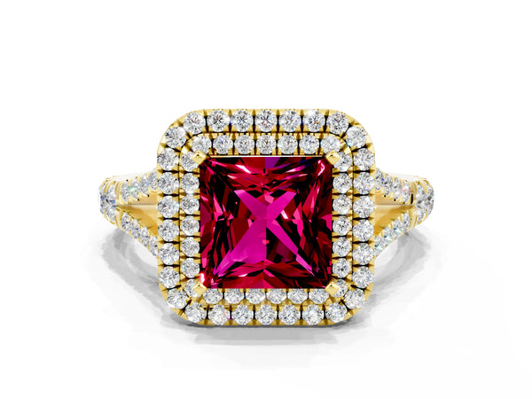 Yellow gold Double Halo Princess Cut Garnet Pavé Split Shank Ring with Prong Setting