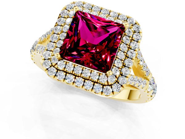 Yellow gold Double Halo Princess Cut Garnet Pavé Split Shank Ring with Prong Setting