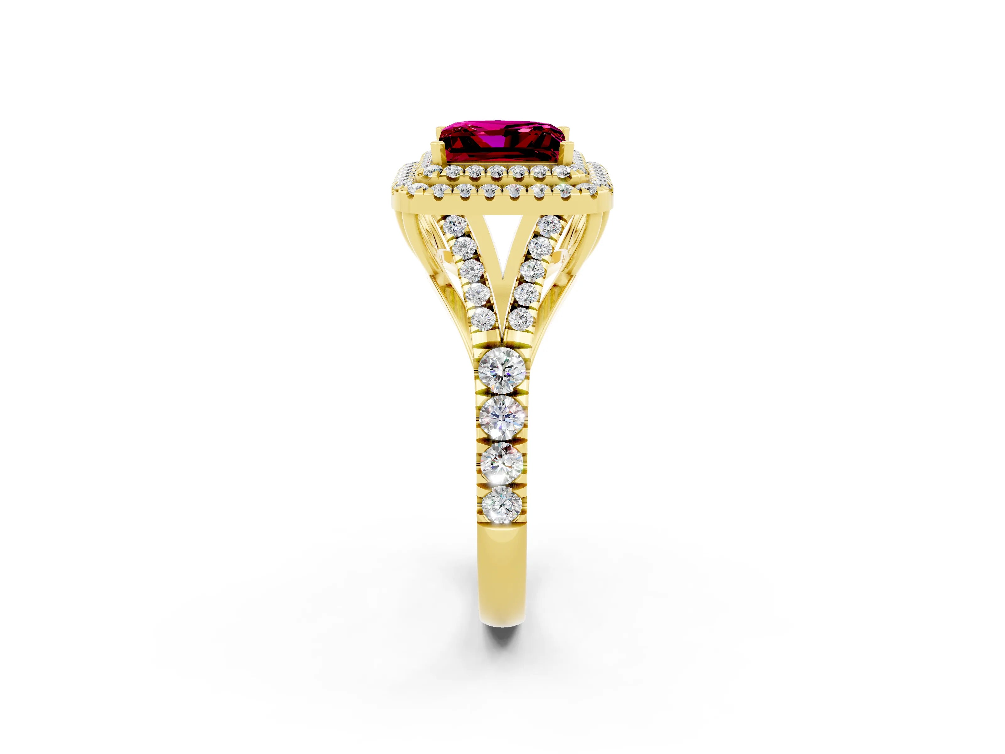 Yellow gold Double Halo Princess Cut Garnet Pavé Split Shank Ring with Prong Setting_2