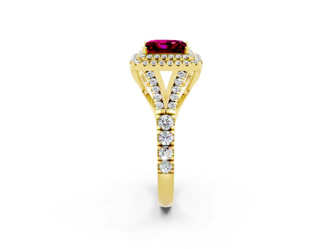 Yellow gold Double Halo Princess Cut Garnet Pavé Split Shank Ring with Prong Setting_2