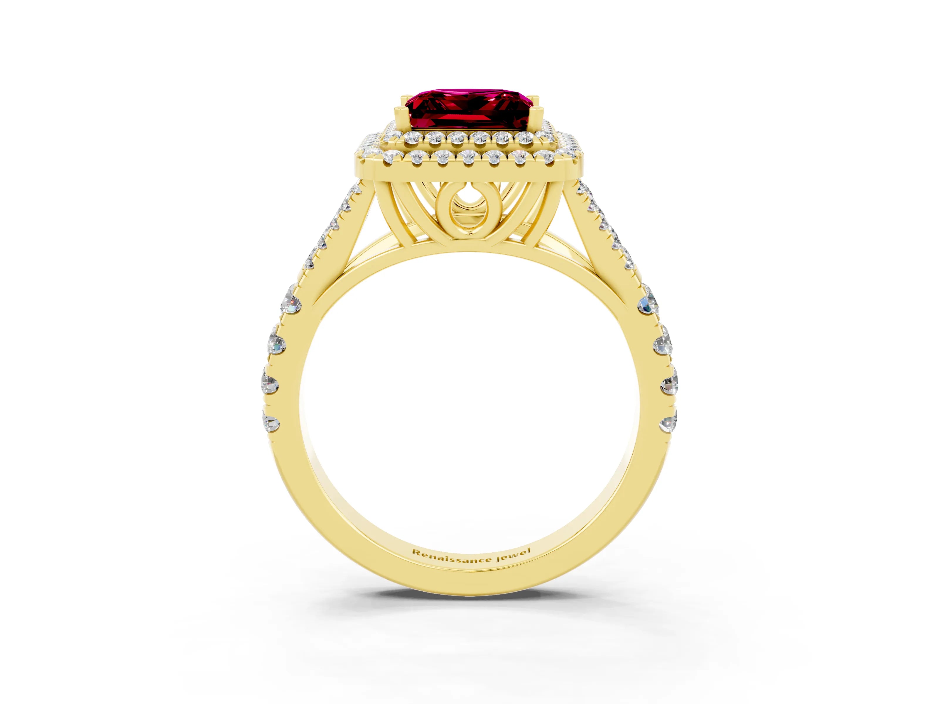 Yellow gold Double Halo Princess Cut Garnet Pavé Split Shank Ring with Prong Setting_3