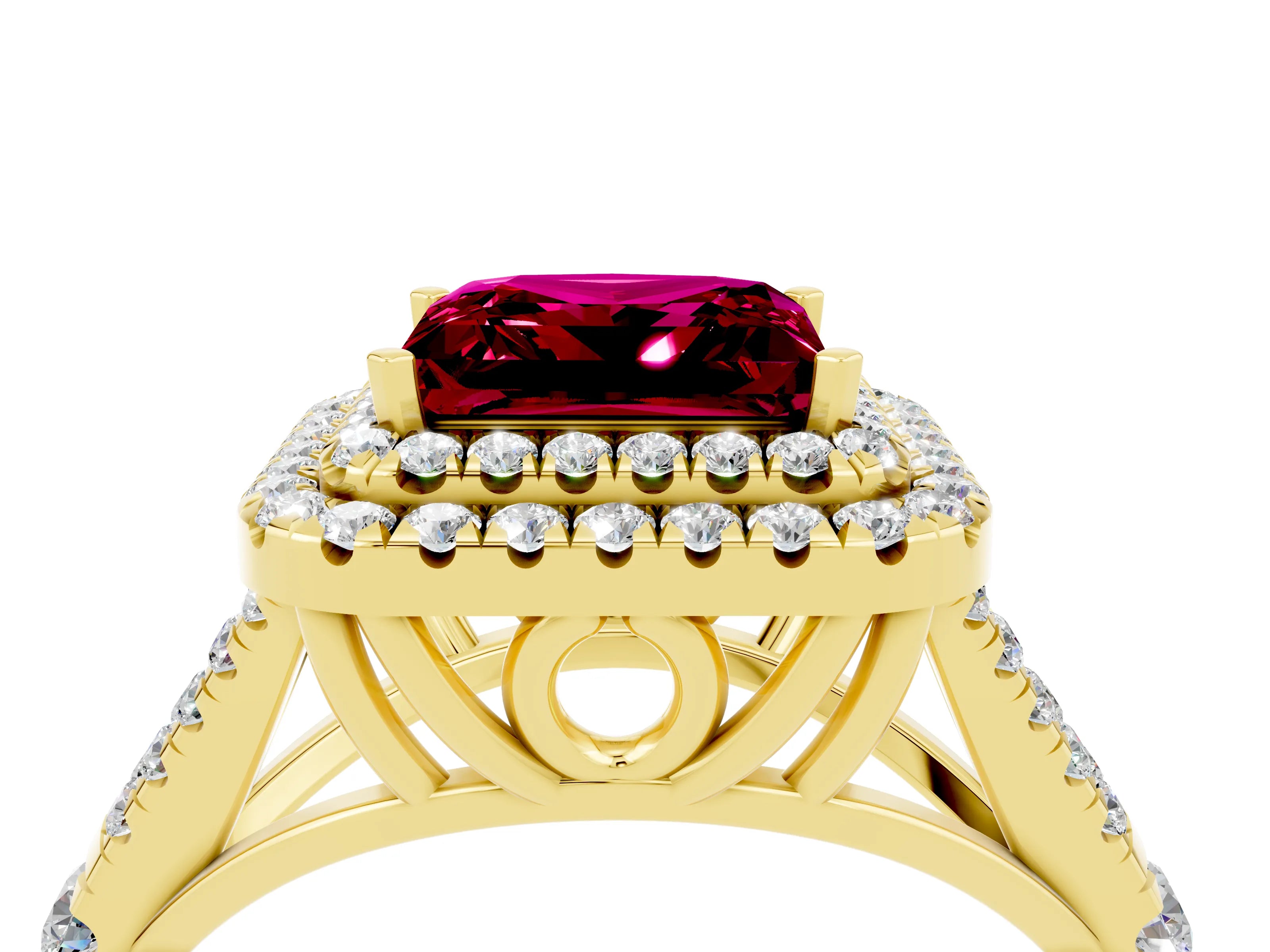Yellow gold Double Halo Princess Cut Garnet Pavé Split Shank Ring with Prong Setting_4