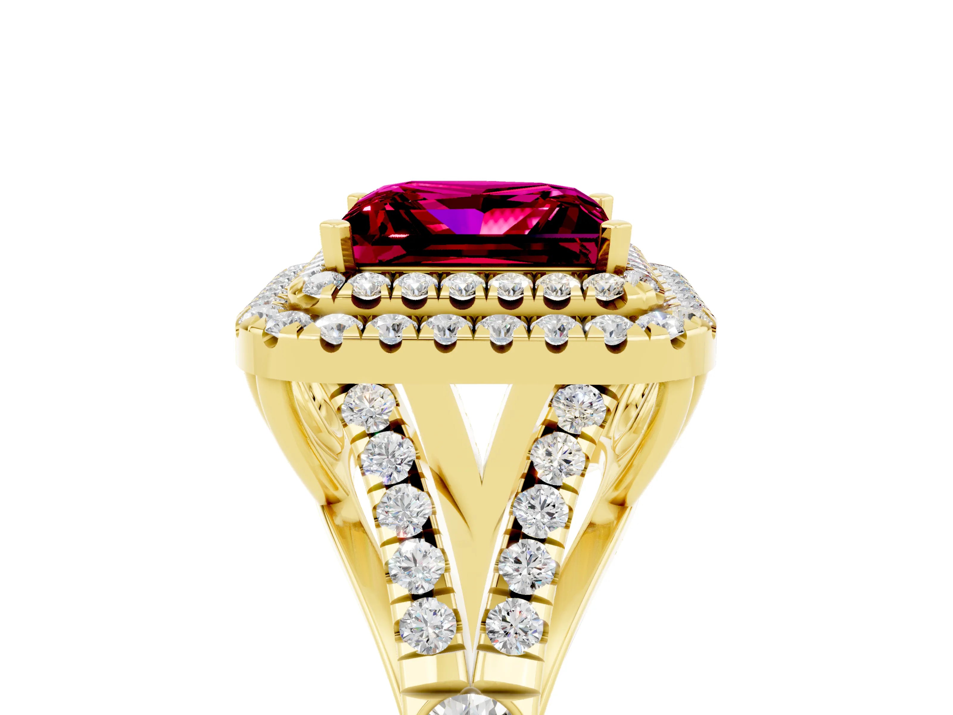 Yellow gold Double Halo Princess Cut Garnet Pavé Split Shank Ring with Prong Setting_5