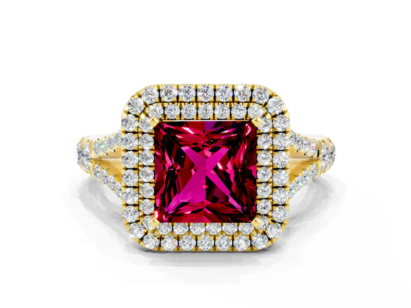 Yellow gold Double Halo Princess Cut Garnet Split Shank Engagement Ring with Four-Prong Setting