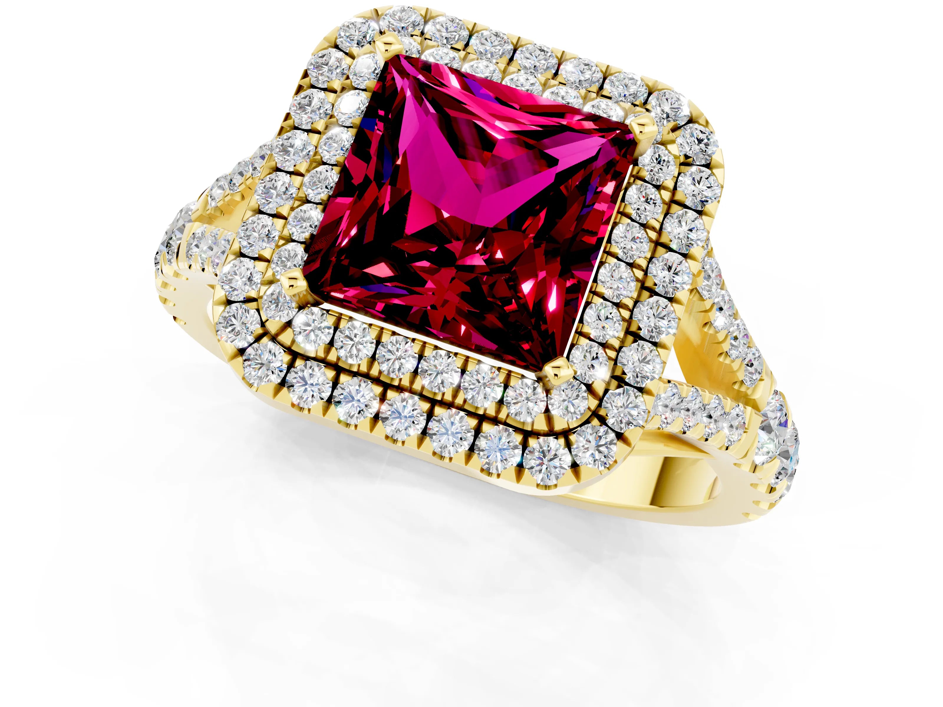 Yellow gold Double Halo Princess Cut Garnet Split Shank Engagement Ring with Four-Prong Setting_1