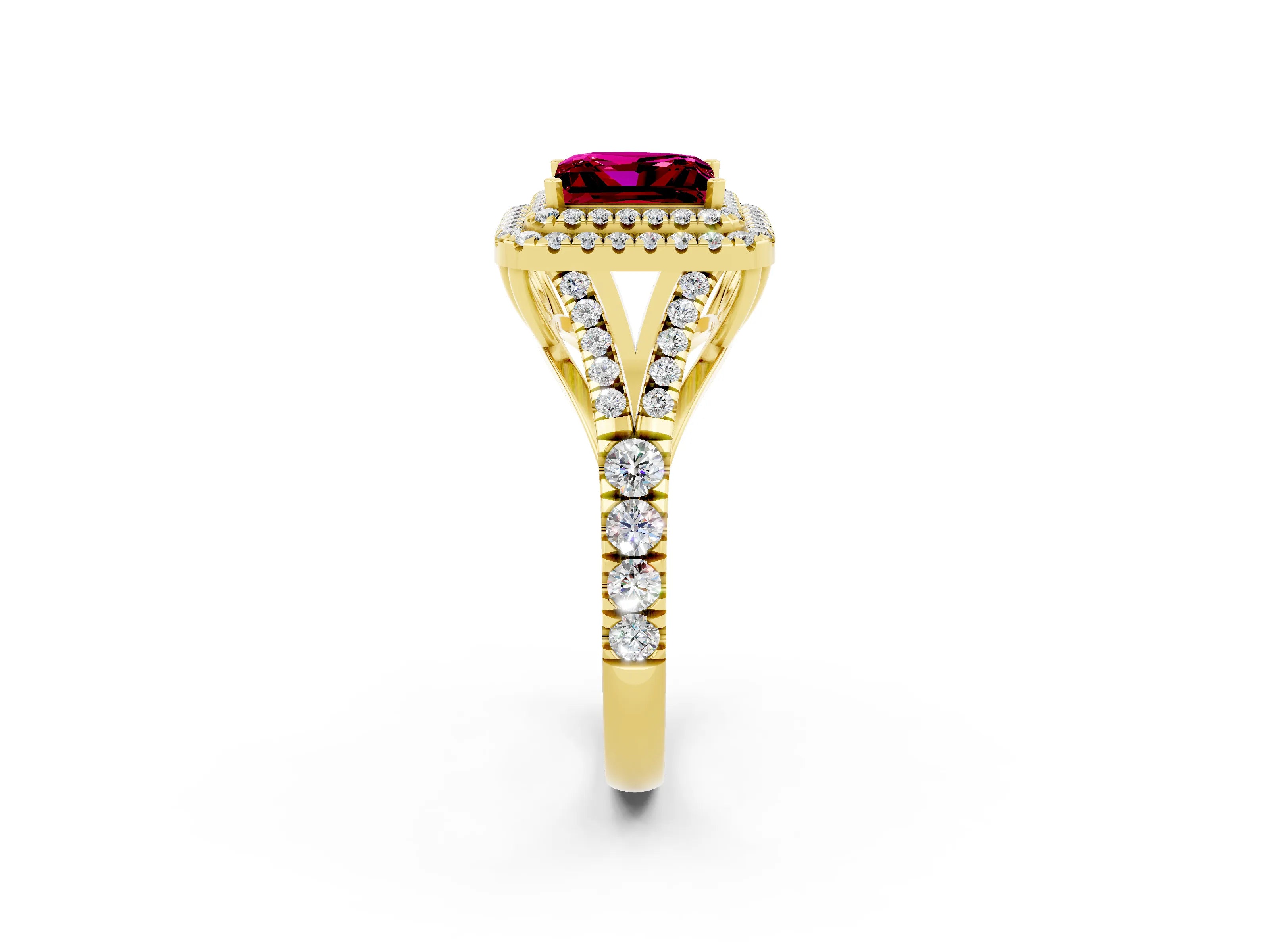 Yellow gold Double Halo Princess Cut Garnet Split Shank Engagement Ring with Four-Prong Setting_2