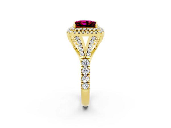 Yellow gold Double Halo Princess Cut Garnet Split Shank Engagement Ring with Four-Prong Setting