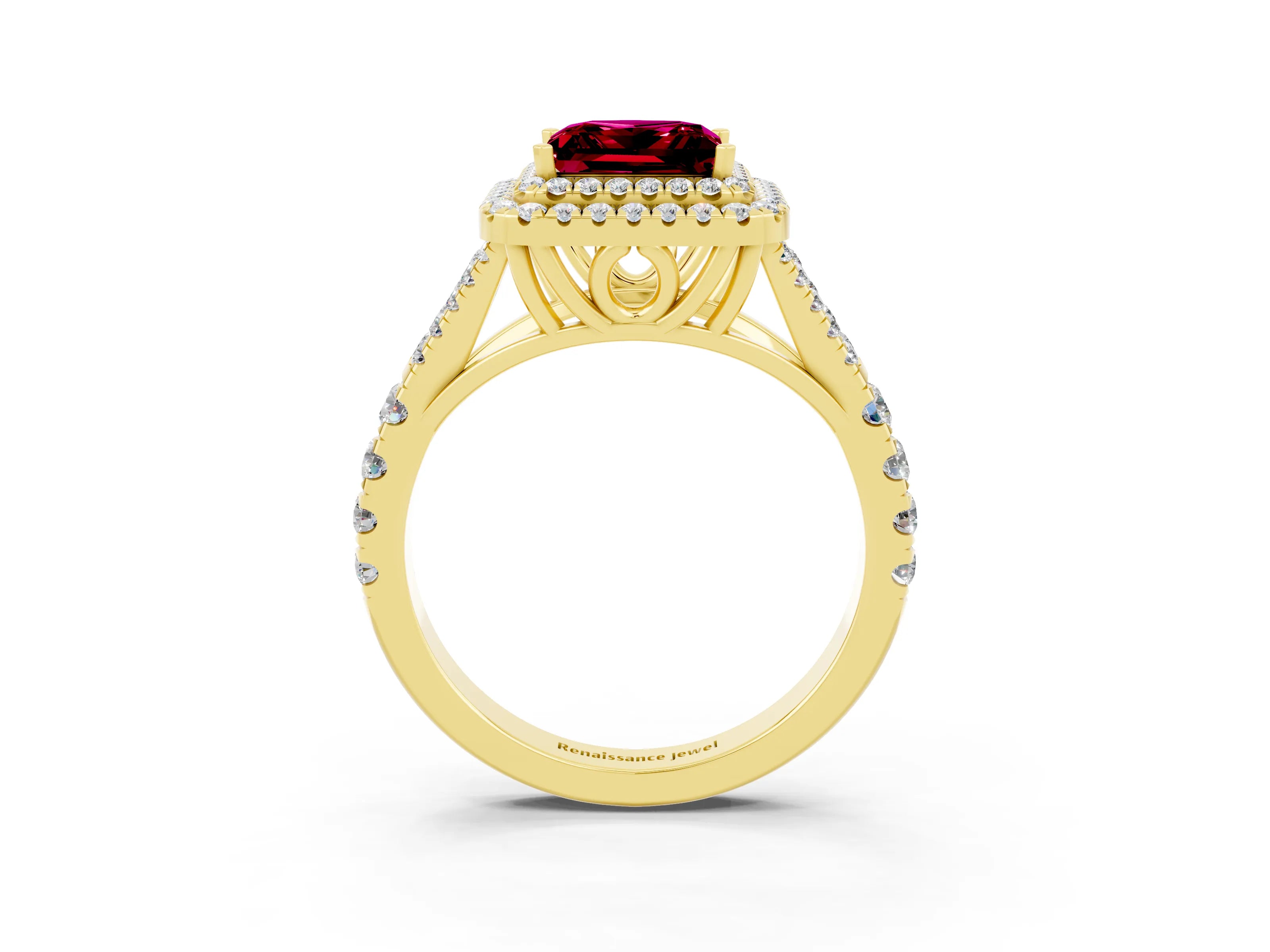 Yellow gold Double Halo Princess Cut Garnet Split Shank Engagement Ring with Four-Prong Setting_3