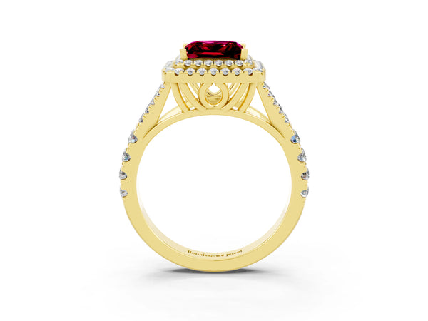 Yellow gold Double Halo Princess Cut Garnet Split Shank Engagement Ring with Four-Prong Setting