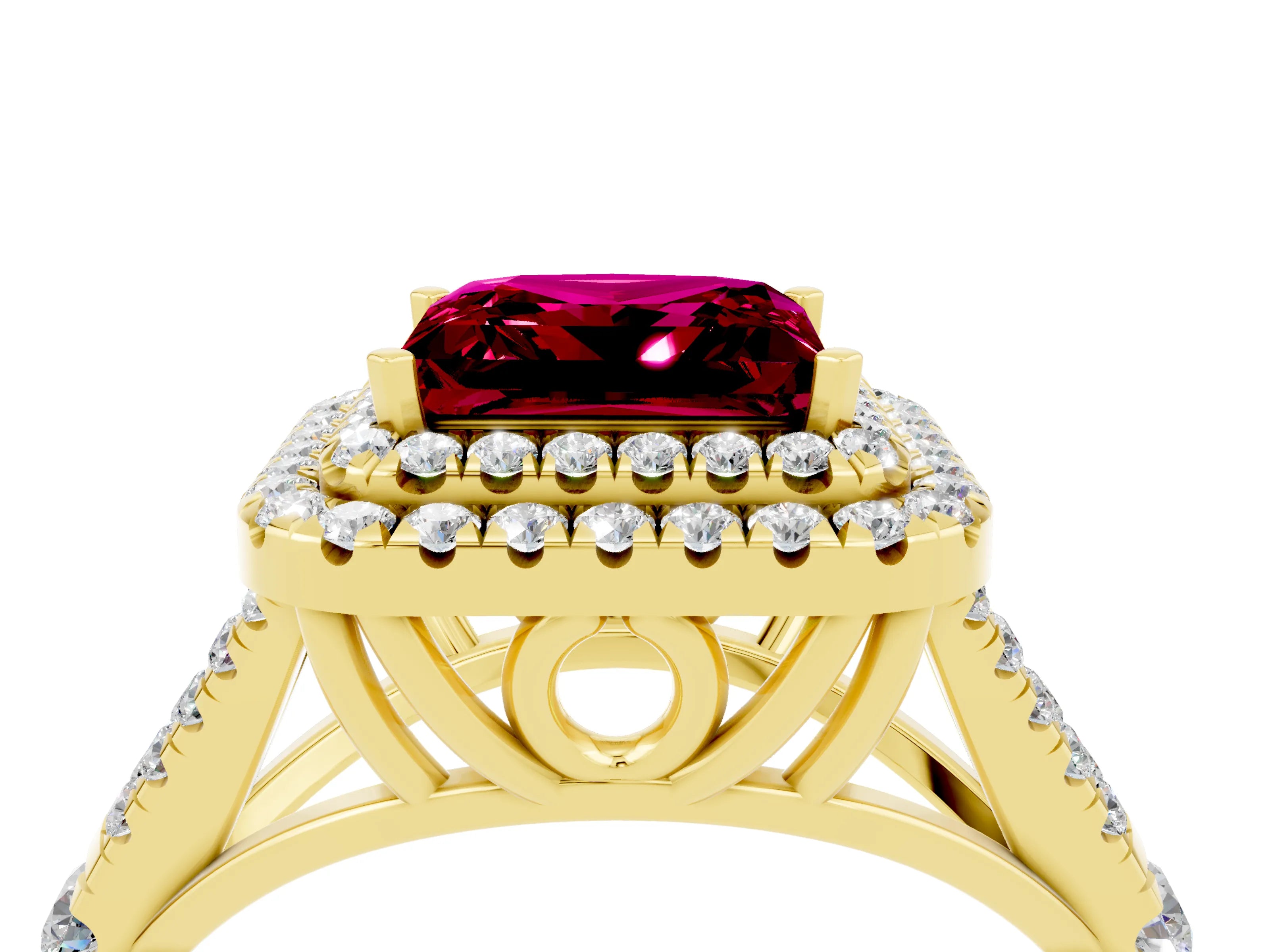 Yellow gold Double Halo Princess Cut Garnet Split Shank Engagement Ring with Four-Prong Setting_4