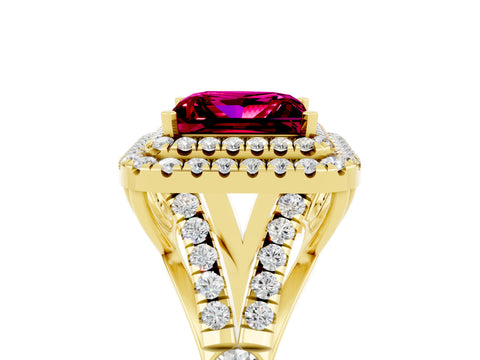 Yellow gold Double Halo Princess Cut Garnet Split Shank Engagement Ring with Four-Prong Setting_5