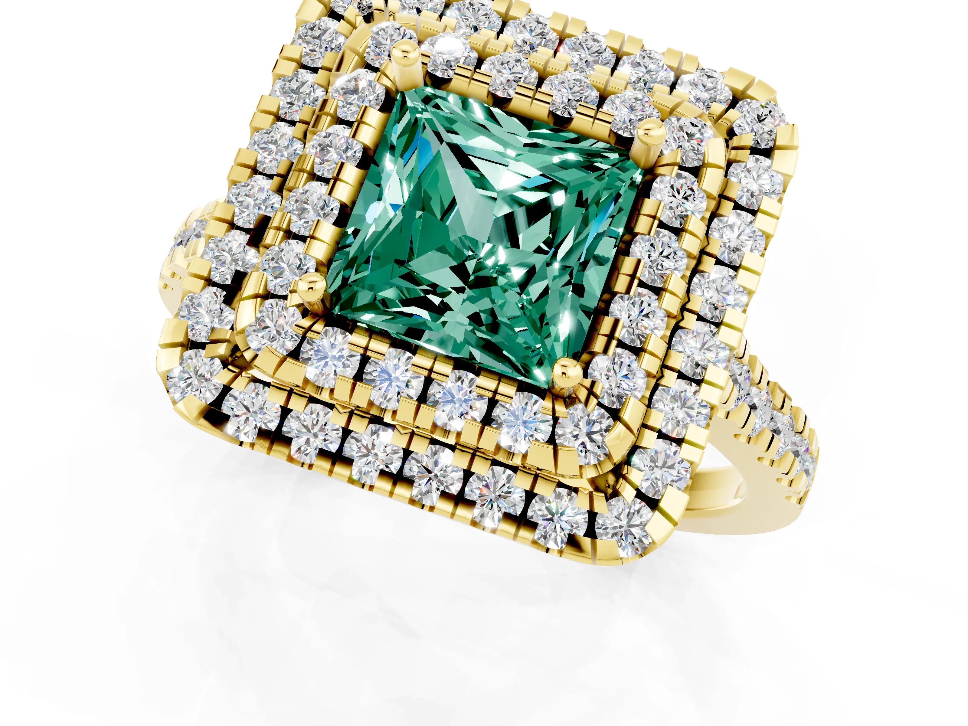 Yellow gold Double Halo Princess Cut Green Sapphire Pavé Band with Four-Prong Setting_10